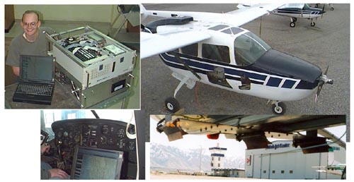 YINSAR radar hardware (upper right) a Cessna Skymaster platform (lower left) a laptop controller (lower right) 12ft-long antennas mounted under the aircraft.